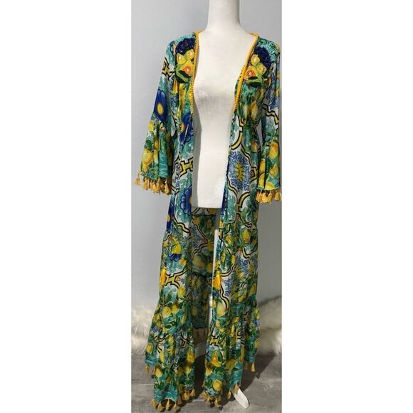 Antica Sartoria NWT lemons blue floral pattern beaded tie front long maxi cover - Picture 12 of 16